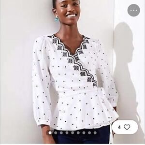LOFT White Blouse with Black Embroidery